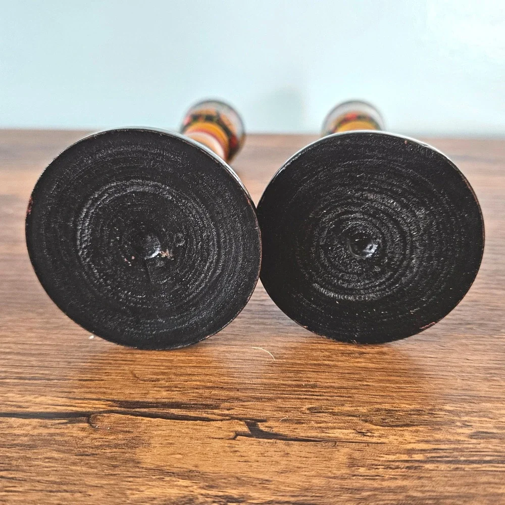 Vtg Russian Khokhloma Hand Painted Wood Candle Holders Sticks Set 2 Black Gold